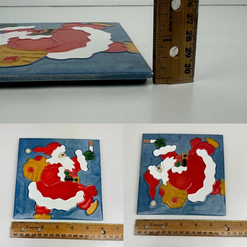 Ceramic Santa Patchwork Rustic Christmas Holiday Tile Decor‎ w Attached Stand - Picture 3 of 9
